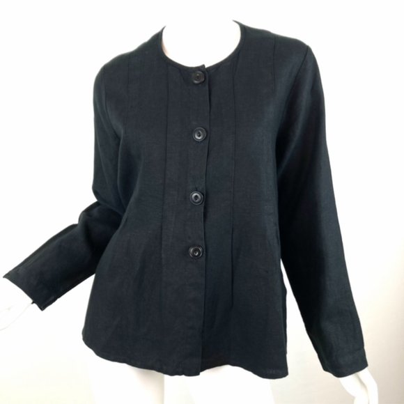 FLAX Black Linen Classic Flare Button Jacket